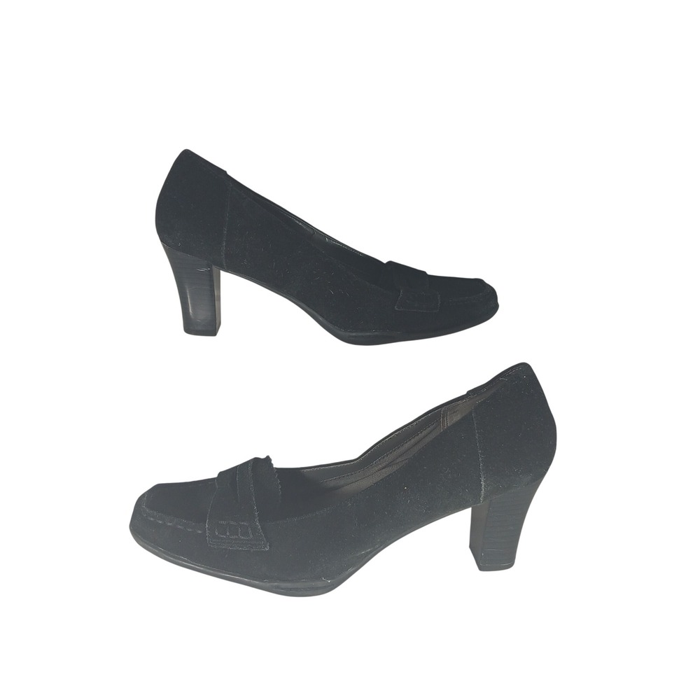 Aerosoles Cinterfield Pumps 10 Black Suede Penny Loafer Block Heel Square Toe